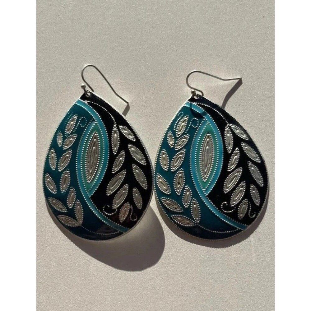 Vintage Women’s Leaf Shell Detail Earrings Dangle Drop Blue Silver Boho Western - Picture 4 of 8